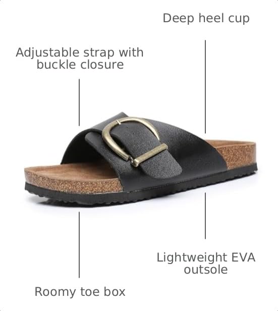 Image of WTW Women's Suede Cork Footbed Sandals Slide for Women with Arch Support | Comfortable Summer Sandals, Memory Foam Insole, Adjustable Buckle Beach Slip on Sandals for Travel and Everyday Wear