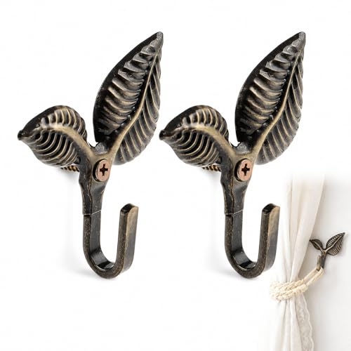 Image of 2 Pcs Bronze Double Leaf Tiebacks, Antique Curtains Tieback Hooks, Coat Hooks, Curtain Tie Backs, Gold Curtain Tie Backs, For Café, Living Room Drapes, Bedroom Window Decor, Vintage-style Home Accents