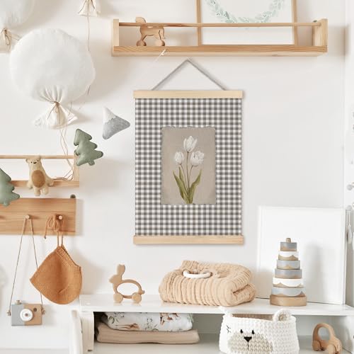 Image of PQKIY Vintage Farmhouse White Tulip Wall Art Poster Hanger Frame 12x16 in, Cottagecore Botanical Flower Brown Gingham Wall Decor Canvas Prints for Home Bedroom Living Room