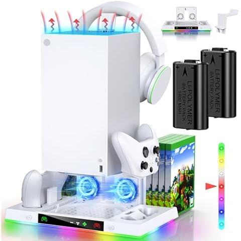 LED Cooling Stand and Charging Station for Xbox Series X Console ＆ Controller, Cooling Fan Station for Xbox Series X Accessories with 2X 1400mAh Rechargeable Battery Pack, 15 Light Modes, Snow White Cover