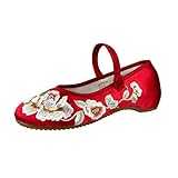 eYLun Women Chinese Embroidered Shoes Flower Flat Round Toe Mary Jane Ballet Shoes Slip On Shoes Red Size 7