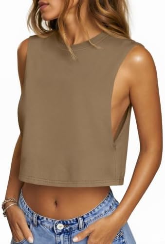 UNCLECAT Womens Workout Tank Tops Sleeveless Cropped T Shirts Summer Crewneck Loose Fit Basic Tees Dark Khaki