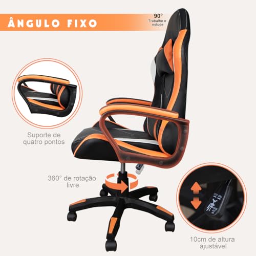 Cadeira de jogos com encosto alto, apoios de braços fixos em quatro pontos, altura ajustável (Laranj