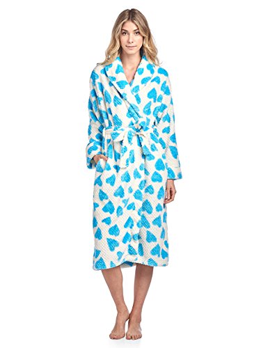 Casual Nights Women's Heart Long Sleeve Mini Popcorn Fleece Plush Robe - Aqua - Large #TOP1