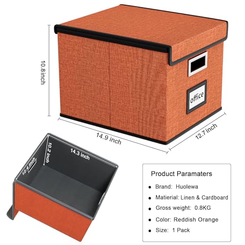 Huolewa File Organizer Box with Lid, Collapsible File Folder Organizer for Office Document Storage, Filing Box with Plastic Slide for Letter Size Hanging File Folders(1 Pack, Reddish Organge)
