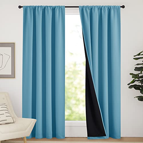 NICETOWN Aqua Blue 52x84 Inch 100% Blackout Curtains, 2 Panels Energy Smart & Noise Blocking Out Drapes for Living Room Window, Thermal Insulated Guest Room Lined Window Dressing, Rod Pocket