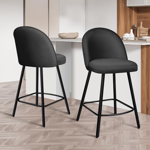 ALFORDSON Bar Stools, 2PCS Kitchen Barstools with Backrest, 66cm Seat Height Counter Stool Dining Chair with Footrest for Home Bar Dining Room (Velet Dark Grey)