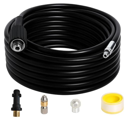 Poweka Rohrreinigungsschlauch 20 m kompatibel mit Kärcher K2 K3 K4 K5 K6 K7 Hochdruckreiniger 180 bar 60 C Abflussreiniger Schlauch Set mit Adapter 2 Düsen starr & rotierend