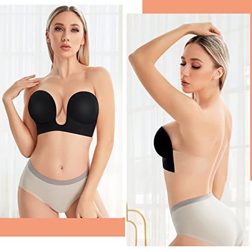 Rgainon Plunge Strapless Sticky Bras For Women Push Up Self Adhesive Silicone Backless Invisible Bra For Backless Dress With Nipple Covers (X-Large, Black) #TOP2