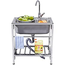 Free Standing Single Bowl Stainless Steel Utility Sink Commercial Sink 1 Compartment Extra-Deep Laundry Tub for Kitchen, Garage, Restaurant, Bar, Laundry Room, Indoor Outdoor