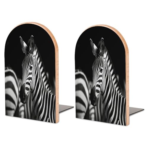 Image of Black & White Zebra Bookend for Shelves Wooden Book End Large Size Sturdy Book Holders Stoppers with Metal Base for Bookshelves Slick Decorative Bookends Stands
