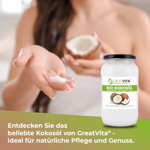 GreatVita Bio Kokosöl, nativ, 1000 ml im Glas zum Kochen Braten Backen