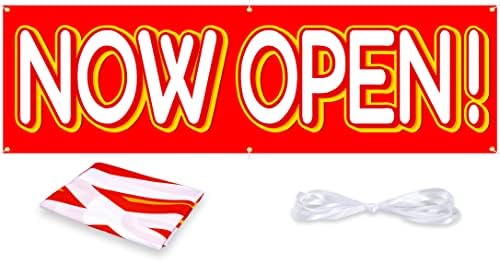 Now Open Banner Sign for Business, Large Open Flag Decorations 3x8 ft, Red and Yellow Advertising Flags, Durable Backdrop for Business New Store Opening Ceremony Decor Party Supplies, Indoor Outdoor Use