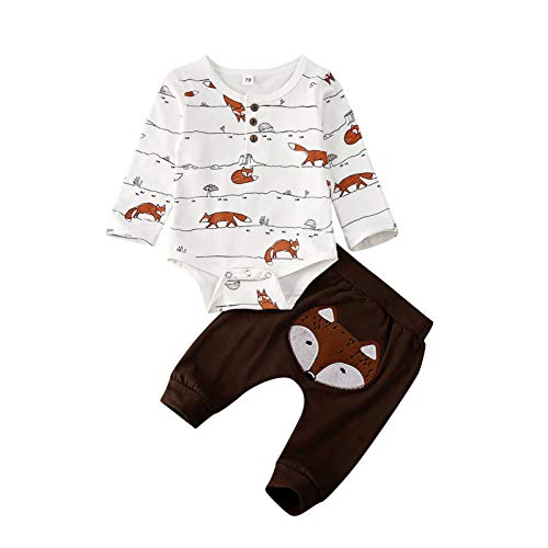 Newborn Baby Boy Girl Fall Winter Clothes Long Sleeve Fox Stripe/Animal Print Romper Bodysuit Pants 2Pcs Outfits Set (Stripe+Fox, 0-3 Months) #TOP23