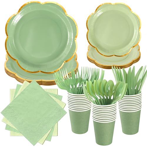 Sage Green Paper Plates and Napkins Party Supplies Serves 24,Green Scalloped Party Plates with Gold Rim,168Pcs Disposable Plates and cups and napkins sets for Spring Birthday Party Bridal Baby Shower by OuMuaMua - Used condition - US$15.63