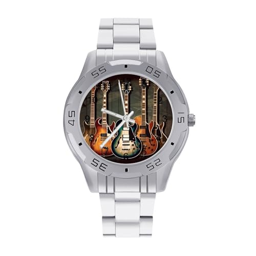 BVKWNTSA Sleek Business Steel Band Guitars Art Printed Watch for Men – Elegant Quartz Analog Wristwatch, Lightweight & Comfortable