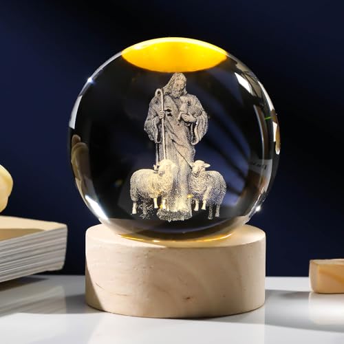 Arikyrist 3D Crystal Jesus Figurine Statue Night Light, Laser Engraved Crystal Christian Catholic Religious Easter Gift with Wooden Base