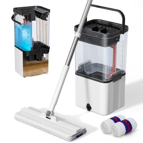 Mop and Bucket Set,Midyb Flat Mops and Bucket System with 2 Microfiber Pads,Mop and Bucket with Wringer Set,Automatic Separates Dirty and Clean Water,Wet and Dry Use Mops for Floor Cleaning