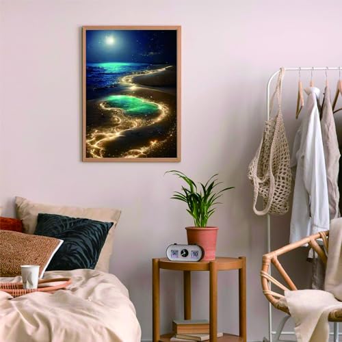 Ausanrl Beach Diamond Art Kits for Adults-Moonlight Beach 5D Diamond Art Painting Kits for Adults Beginners,Moon Gem Art Kits for Adults,Gift Home Wall Decor 12x16inch