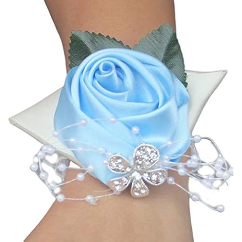niumanery Handmade Satin Rose Wrist Corsage Wedding Prom Party Bridesmaid Bridal Wrist Flower Faux Pearl Beaded Stretch Bracelet Wristband Light Blue Cover