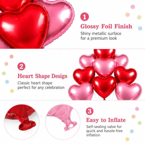 Image of Wanna Party Pack of 10 Red & Pink Heart Shaped Foil Balloons, 18 Inch Helium Quality Balloons for Anniversary, Birthday, Wedding, Valentine's Day & Romantic Party Decoration