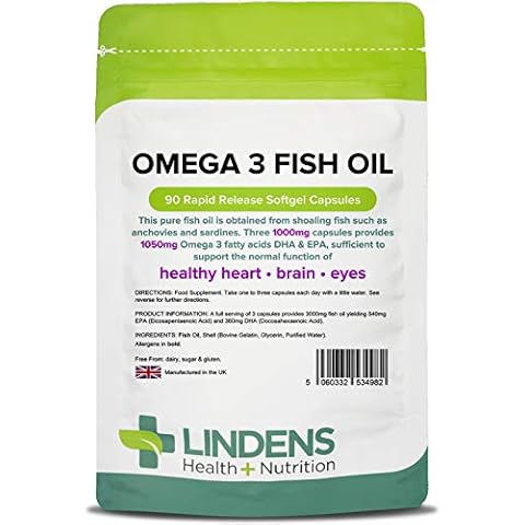 Lindens Omega 3 Fish Oil 1000mg Capsules - 90 Pack - 1050mg Omega 3 Fatty Acids Dha & Epa Per 3 Capsules and Supports Normal Function of Healthy Heart, Brain & Eyes - UK Manufacturer, Letterbox Friendly Cover