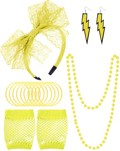 Blulu 80s Fancy Costume Accessories Women Lace Headband Earrings Fishnet Gloves Necklace Bracelet Outfit for 80's Retro Party(Yellow)