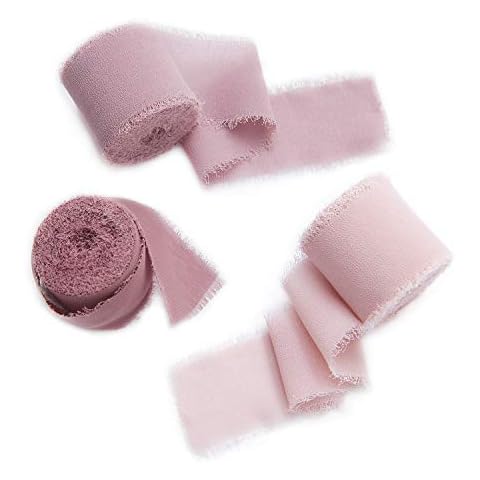 Ling's moment Handmade Frayed Edges Chiffon Silk-Like Ribbon 1-1/2" x 6Yd Set of 3 Rolls Dusty Rose Collection Ribbons for Bouquets Wedding Flat lays Photography Props Gift Wrapping Decor Cover
