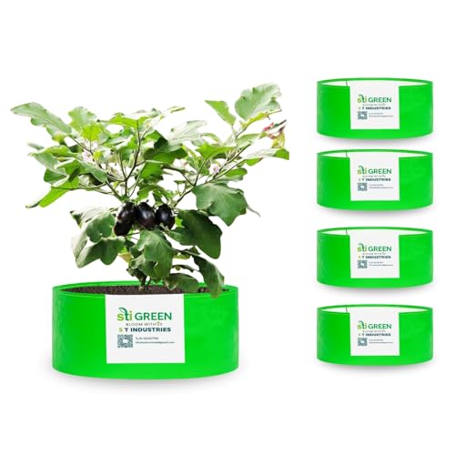 Image of HDPE Grow Bags for Plants 24X9 Inch (Pack of 5) | 260 GSM Heavy Duty UV-Protected Round Green Colour Plant Bags for Terrace and Vegetable Gardening | Strong & Reusable|