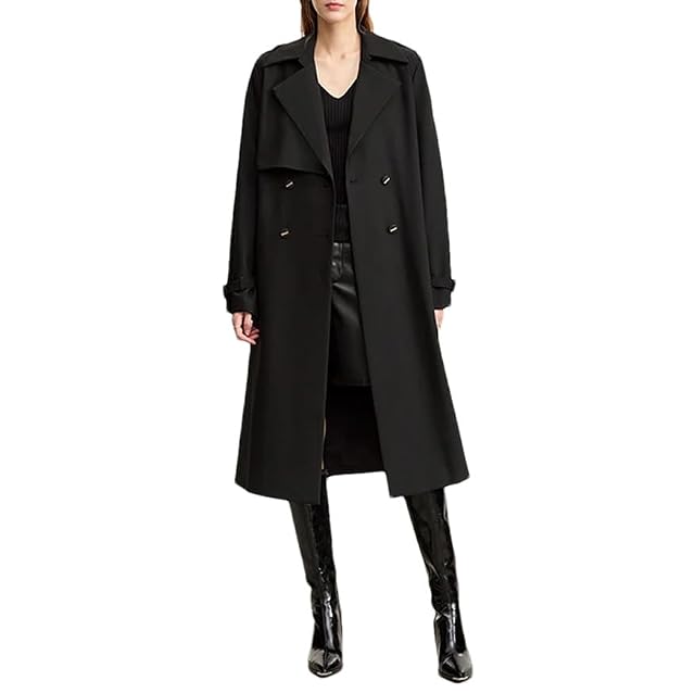 Womens Retro Minimalist Long Sleeved Trench Coat with A Lapel and Double Breasted Waistband for Commuting and Office
