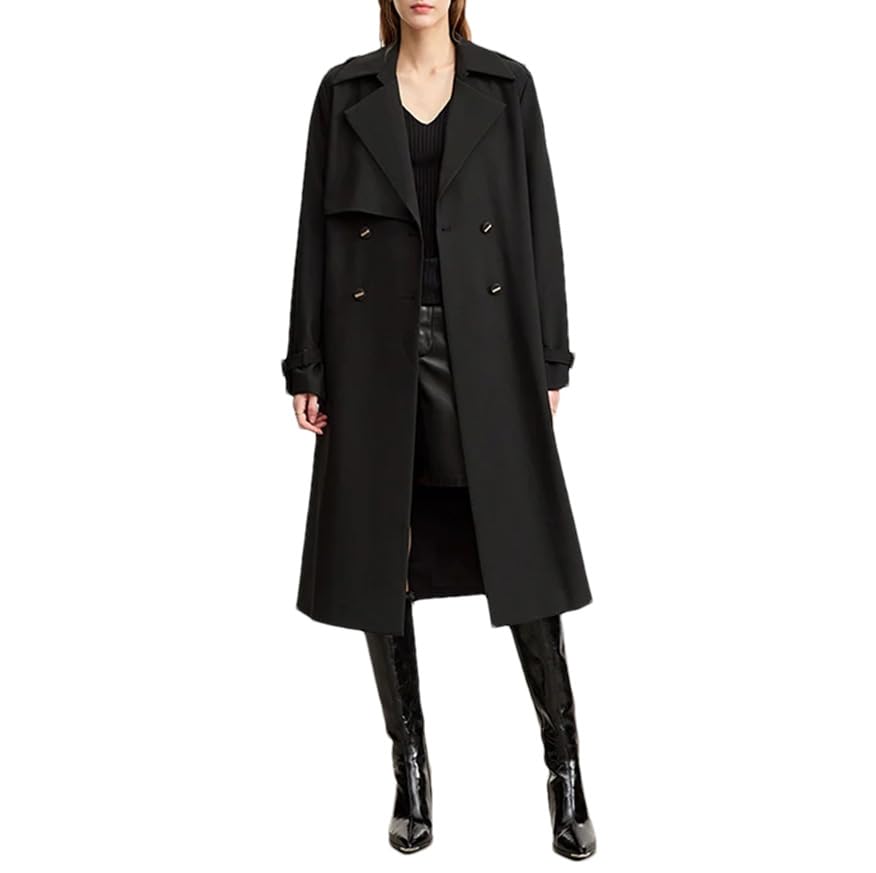Womens Retro Minimalist Long Sleeved Trench Coat with A Lapel and Double Breasted Waistband for Commuting and Office