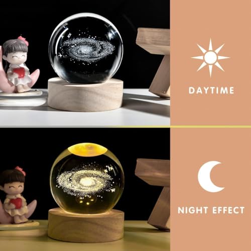 Image of STARKENDY 3D Star Galaxy Crystal Ball LED Night Lamp, Creative Engraved Night Light Wooden Base, Warm White Decorative Table Lamp for Home, Office, Bedroom, Birthday Gift