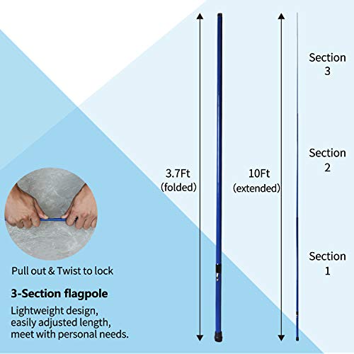 Anley 10Ft Telescopic Flagpole - Retractable Fiberglass Outdoor Telescoping Flag Pole - Reinforced Twist-To-Tighten Section & Clip Hook Top - Lightweight Durable Pole (Blue) #TOP4
