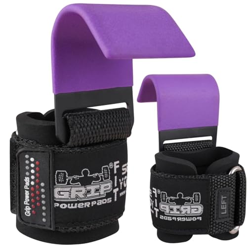 Heavy Duty PRO Metal Lifting Steel Hooks Power Weightlifting Set of 2 Premium Thick Padded Workout Hook Gloves (Women-Wrist Size Small/Medium, Purple 1)