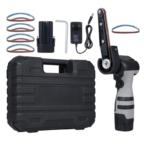 Cordless Belt Sander, Weytoll Electric Mini Angle Grinder Modified Belt Sander Tool, 2 Batteries with 6500RPM Variable Speed and 10 Sanding Belts for Rust Removal, Deburring and Polishing