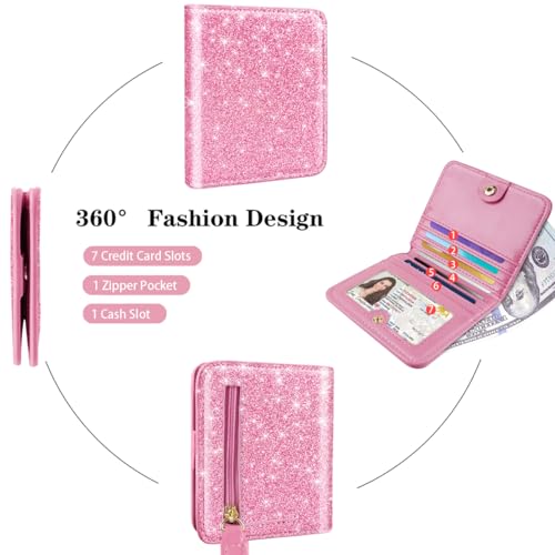 Image of Small Womens Glitter Wallet Thin Credit Card Holder Pocket | Compact Women Slim RFID Blocking Bling Wallets Bifold Ladies Mini Purse Pocket for Travel & Daily Use, Pink