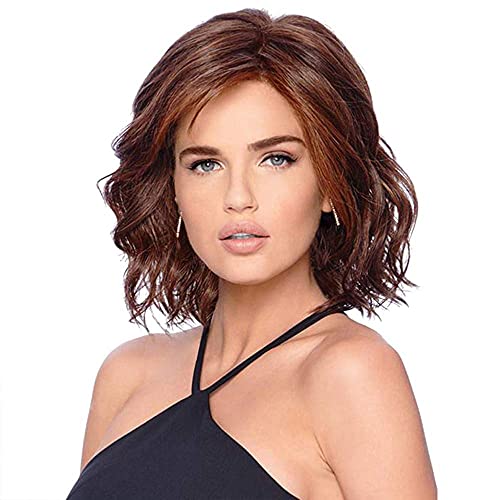YXSHZ Pelucas de pelo corto corto corto longitud del hombro ondulado peluca para las mujeres mullido rizado cabello humano natural peluca resistente al calor Pelucas completas (rojo marrón) Cover