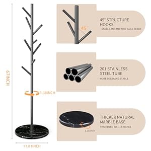 Metal Modern Coat Rack Stand Sturdy Freestanding Coat Rack with Natural Marble Base Coat Racks and Coat Hall Tree Hanger Stand for Entryway Hallway Office Black Marble base