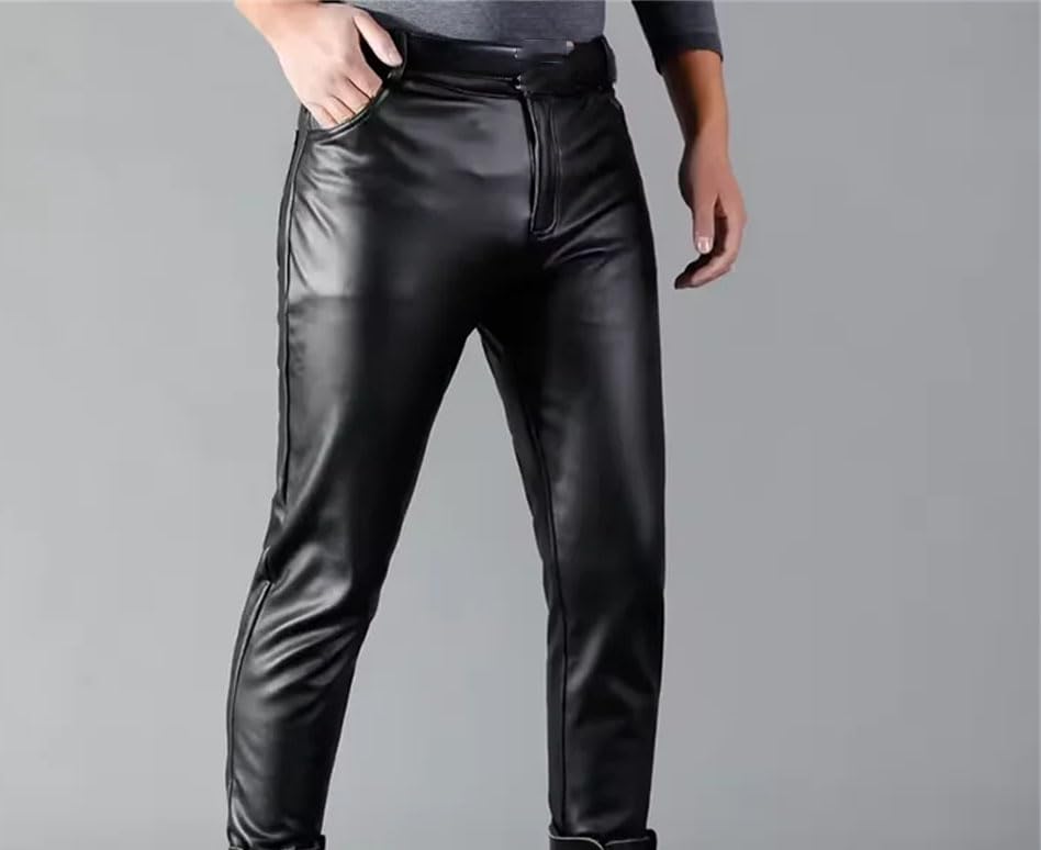 Men's PU Leather Slim Fit Pants Stretch Motorcycle Trousers3