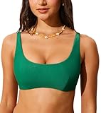 DOBREVA Women's Bikini Top Scoop Neck Bathing Suit Tops Ribbed Padded Adjustable Straps Swimsuit Sports Bra Spar Green Small