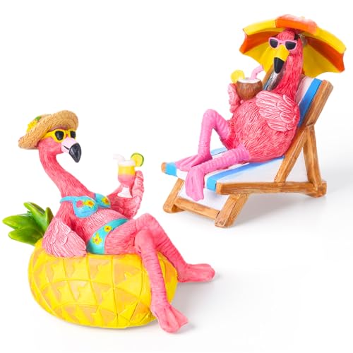 Vicenpal 2 Pcs Pink Flamingo Figurines Resin Statues, 4 Inch Funny Tropical Summer Beach Table Decor with Pool Float & Beach Chair, Cute Coastal Sculptures for Home Shelf, Housewarming Gifts for Women