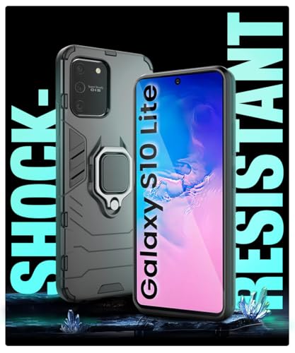 Image of WOW IMAGINE Shock Proof Back Case Mobile Cover for Samsung Galaxy S10 Lite | Back Cover Case (Tough Armor | Hybrid PC + TPU | Ring Holder & in-Built Kickstand | Black)