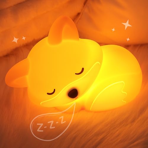 Okayera Nachtlicht Fuchs für Kinder, Wiederaufladbare Dimmbare Nachttischlampe mit 20 Min Timer, Kuscheliges Silikon Licht als Deko & Geschenkidee zu Geburtstag Weihnachten für Jungen Mädchen