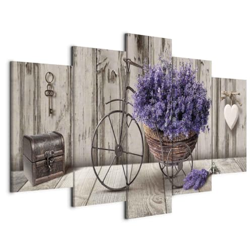 murando Quadro Fiori 150x75 cm 5 pezzi Stampa su tela XXL Immagini moderni Murale Fotografia Grafica Decorazione da parete Lavanda Legno Cuore Bicicletta b-C-0644-b-m