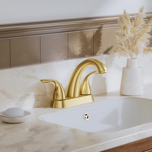 Phiestina Brushed Gold 4 Inch Centerset 2 or 3 Holes 2 Handle Bathroom Faucet, Bathroom Faucet with Copper Pop Up Drain and Water Supply Lines, BF008-5-BG by phiestina - Used condition - Image 2