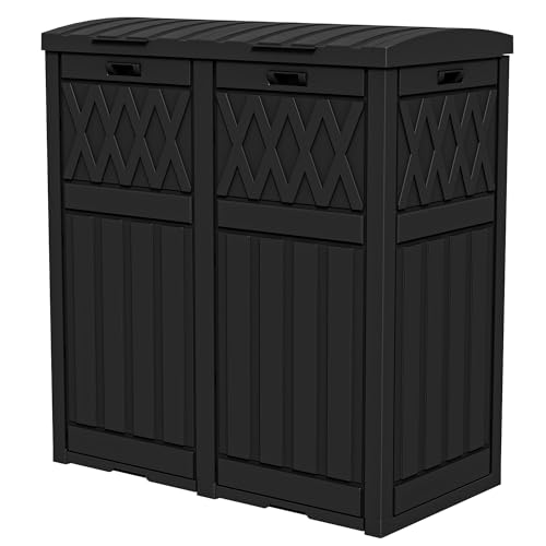 DWVO 76 Gallon Garbage Dual Can, Resin Outdoor Trash Can with Tiered Lid and Drip Tray, Waterproof Trash Bin for Patio, Kitchen, Backyard (Black) by DWVO - Used condition - US$92.75