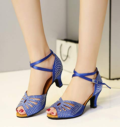 Minishion Women's Latin Salsa Sparkle Crystals Low Heel Blue Satin Tango Dance Shoes Wedding Sandals Us 9 #TOP2