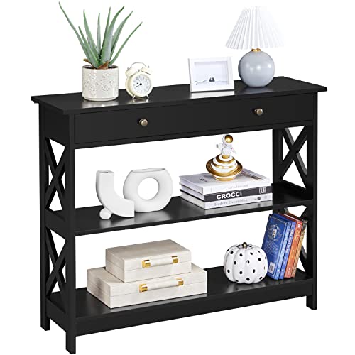 Yaheetech Mesa Estrecha de Consola Auxiliar Mesa de Entrada de 3 Niveles con Cajón Mueble Recibidor Estilo Moderno para Salón Pasillo Habitación Negro 100 x 30 x 80 cm
