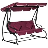 BBSJ Red 3-Seat Outdoor Patio Swing Chair,Converting Flat Bed,with Adjustable Shade,Removable Cushio