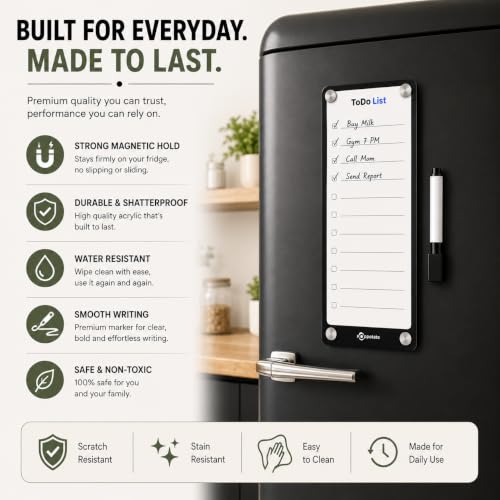 Image of Magnetic Planner Board for Fridge - ToDo List | 24x10 cm | Acrylic Writing Board for Kitchen Fridge, Notepad | Reusable Shopping List Board, Checklist with Pen - White